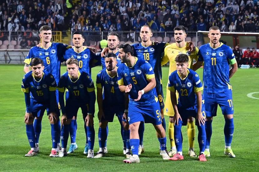 (Top L-R) Bosnia and Herzegovina's midfielder #06 Benjamin Tahirovic, Bosnia and Herzegovina's forward #20 Haris Hajradinovic, Bosnia and Herzegovina's defender #03 Ermin Bicakcic, Bosnia and Herzegovina's defender #18 Nikola Katic, Bosnia and Herzegovina's goalkeeper #01 Nikola Vasilj, Bosnia and Herzegovina's forward #11 Edin Dzeko, (bottom L-R) Bosnia and Herzegovina's midfielder #15 Armin Gigovic, Bosnia and Herzegovina's midfielder #17 Dzenis Burnic, Bosnia and Herzegovina's defender #04 Jusuf Gazibegovic, Bosnia and Herzegovina's defender #05 Sead Kolasinac and Bosnia and Herzegovina's midfielder #23 Esmir Bajraktarevic pose prior to the  UEFA Nations League, League A - Group 3, football match between Bosnia and Herzegovina and Hungary at the Bilino Polje Stadium in Zenica, in Zenica, on October 14, 2024.  Elvis Barukcic / AFP