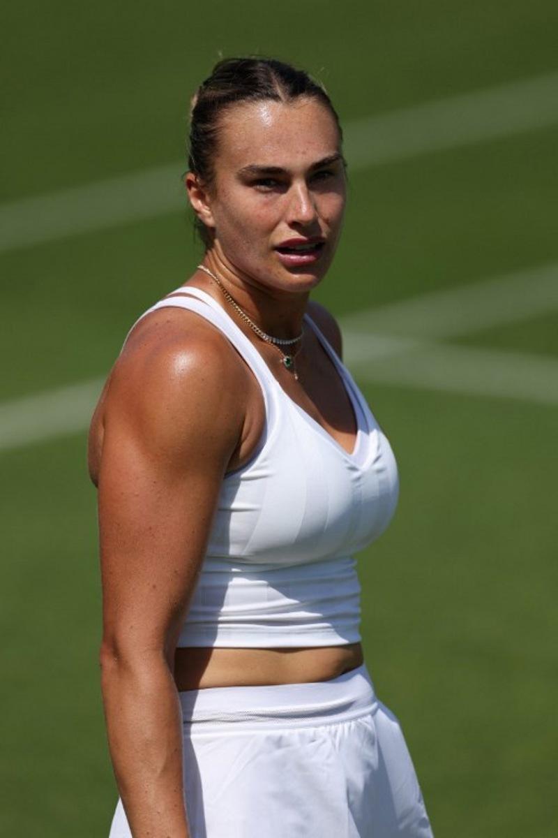 Belarus' Aryna Sabalenka takes part in a practice session at the practice courts at The All England Lawn Tennis and Croquet Club in Wimbledon, southwest London, on June 25, 2026, ahead of the 2026 Wimbledon Championships.  Adrian Dennis / AFP