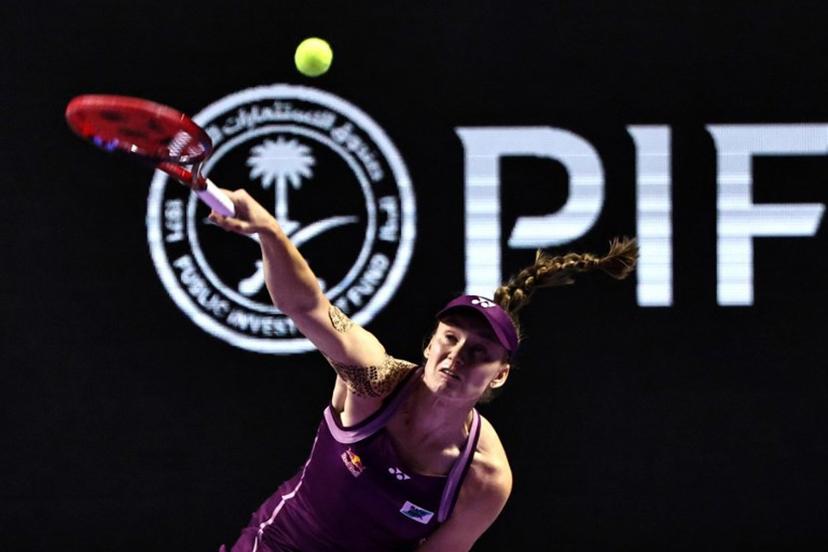 Kazakhstan's Elena Rybakina serves to US' Madison Keys during their WTA Finals tennis tournament in Riyadh on November 5, 2025.  Fayez NURELDINE / AFP