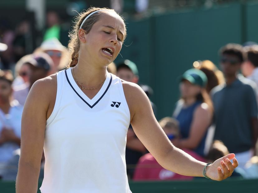 Belgian Hanne Vandewinkel reacts during a first roung game between Belgian Vandewinkel (WTA 103) and US' Liu (WTA 146) in the Ladies' singles at Wimbledon grand slam tennis tournament in London, Britain, Monday 29 June 2026.  BELGA PHOTO BENOIT DOPPAGNE