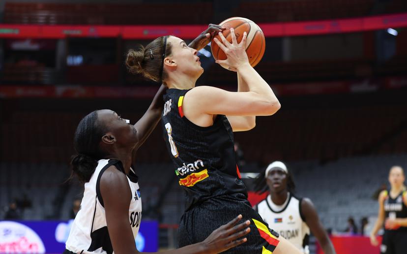 Belgium's Antonia Delaere fights for the ball during a basket game between Belgium's national team Belgian Cats and South Sudan, in Wuhan, China, on Sunday 15 March 2026, the fourth game (out of 5) of the qualifications phase for the World Cup Basket tournament. BELGA PHOTO NIKOLA KRSTIC