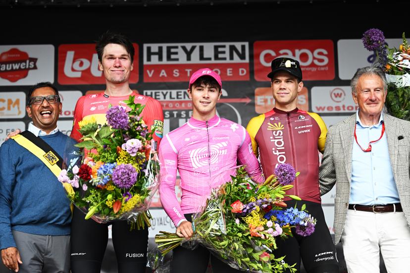 Norwegian Soren Waerenskjold of Uno-X Mobility, British Noah Hobbs of EF Education-EasyPost and Belgian Milan Fretin of Cofidis celebrate on the podium of the 'Heistse Pijl' cycling race, 187,5km from Vosselaar to Heist-op-den-Berg, Saturday 06 June 2026. BELGA PHOTO DAVID PINTENS