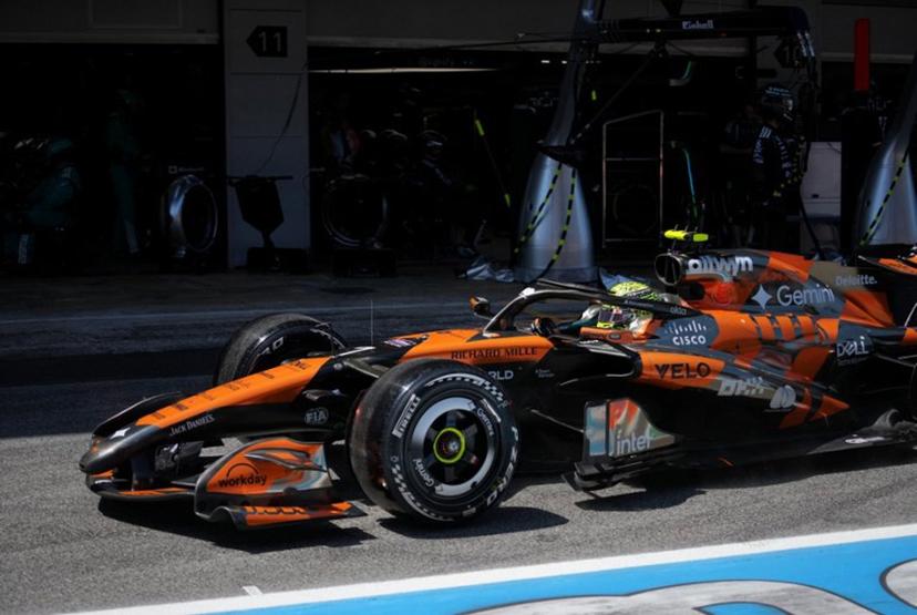McLaren British driver Lando Norris's car exits the pit stop during the Catalonia Formula One Grand Prix at the Circuit de Catalunya in Montmelo, on the outskirts of Barcelona, on June 14, 2026.  Manaure QUINTERO / POOL / AFP