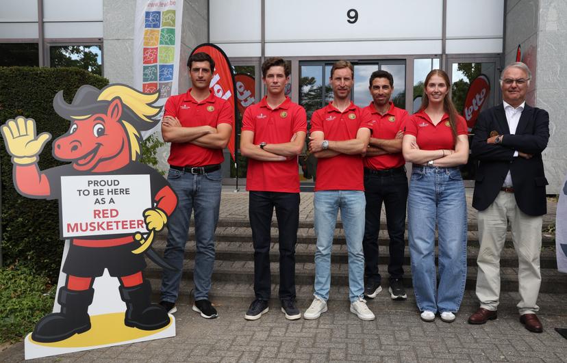 Belgian Nicolas Philippaerts, Belgian Thibeau Spits, Belgian Pieter Devos, Belgian Abdel Said, Belgian Emilie Conter and Jumping team manager Peter Weinberg pose for the photographer during a press moment of the 'Red Musketeers' riders that will compete at the upcoming World Championships, on Monday 27 July 2026 in Zaventem. The FEI World Championships will take place in Aachen, Germany from 11 to 23 August. BELGA PHOTO VIRGINIE LEFOUR