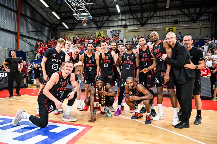 Antwerp's players celebrate after winning a basketball match between Limburg United and Antwerp Giants, Friday 29 May 2026, in Hasselt, on the first round (out of 5) of the Semi Finals Playoffs of the 'BNXT League' Belgian/ Dutch first division basket championship. BELGA PHOTO TOM GOYVAERTS