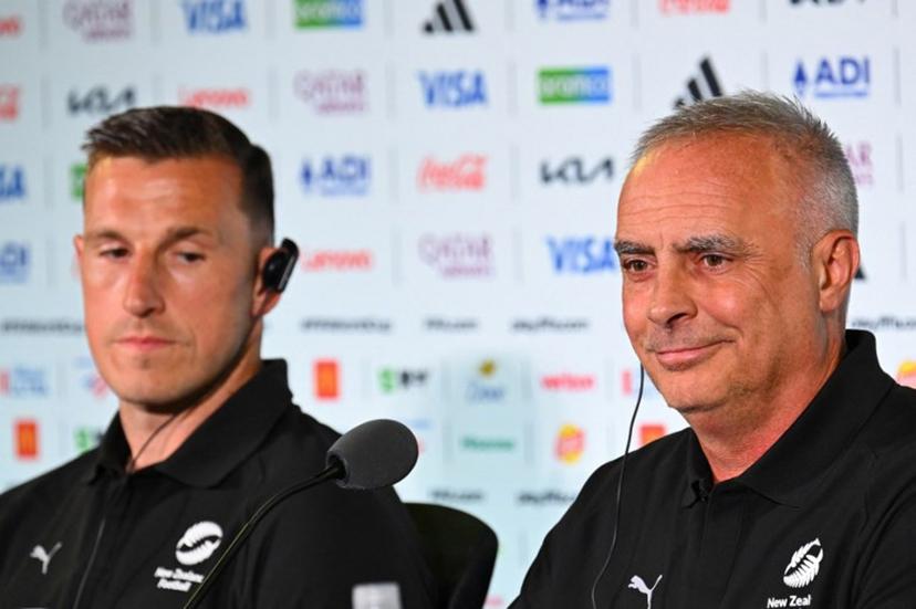 New Zealand's head coach Darren Bazeley (R) gives a press conference next to New Zealand's forward #09 Chris Wood at Los Angeles Stadium in Inglewood on June 14, 2026, on the eve of the 2026 World Cup football match between Iran and New Zealand.  Patrick T. FALLON / AFP