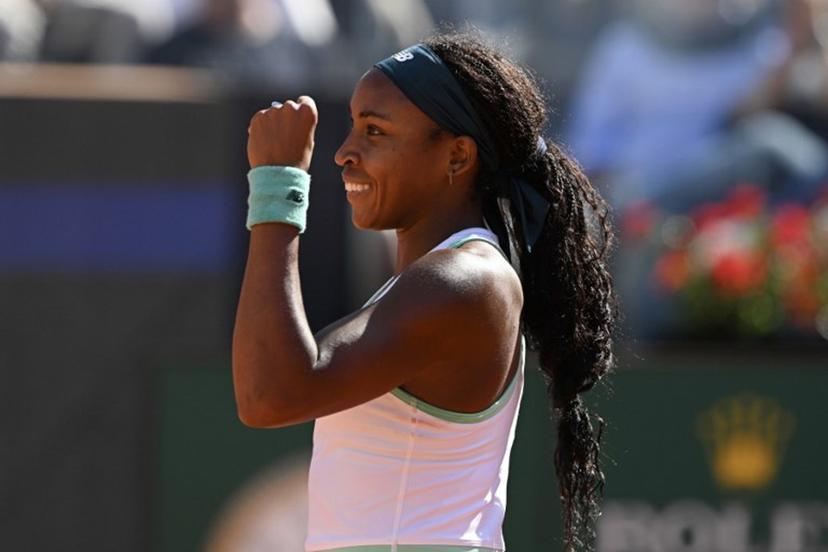 USA's Coco Gauff celebrates after winning against Romania's Sorana Cirstea during the ATP Rome Open tennis tournament at Foro Italico in Rome on May 14, 2026.   Tiziana FABI / AFP