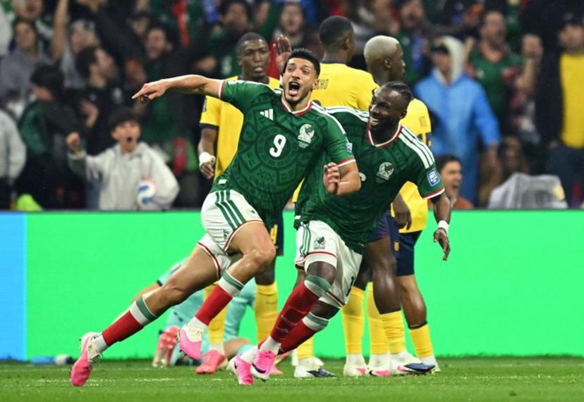 Mexico's forward #09 Raul Jimenez celebrates scoring his team's second goal with forward #16 Julian Quinones during the 2026 World Cup round of 32 football match between Mexico and Ecuador at the Mexico City Stadium in Mexico City on June 30, 2026.   Yuri CORTEZ / AFP