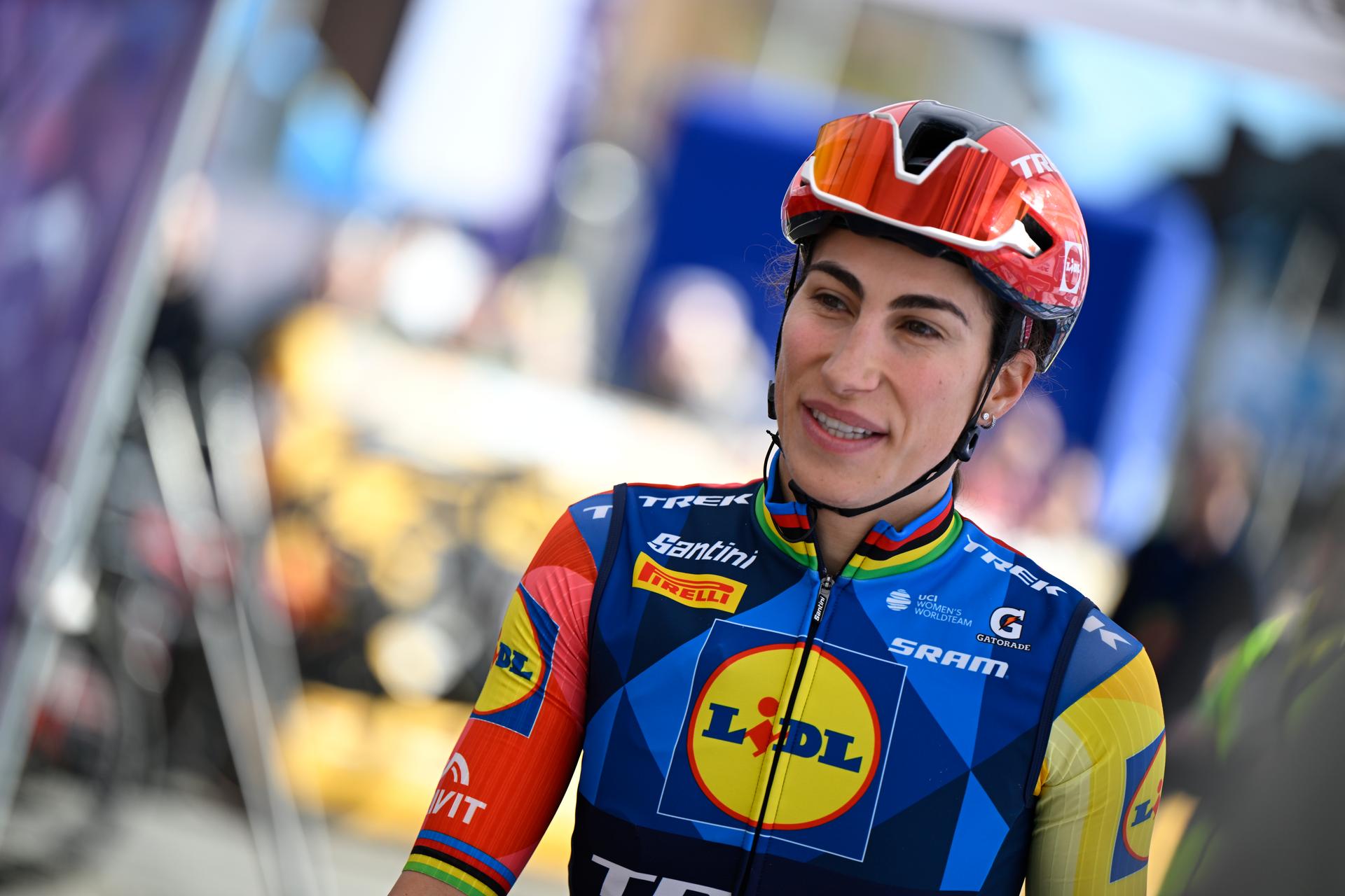 Italian Elisa Balsamo of Lidl-Trek pictured at the start of the women's race of the 'Scheldeprijs' one day cycling event, 130,3km from and to Schoten on Wednesday 08 April 2026. BELGA PHOTO TOM GOYVAERTS