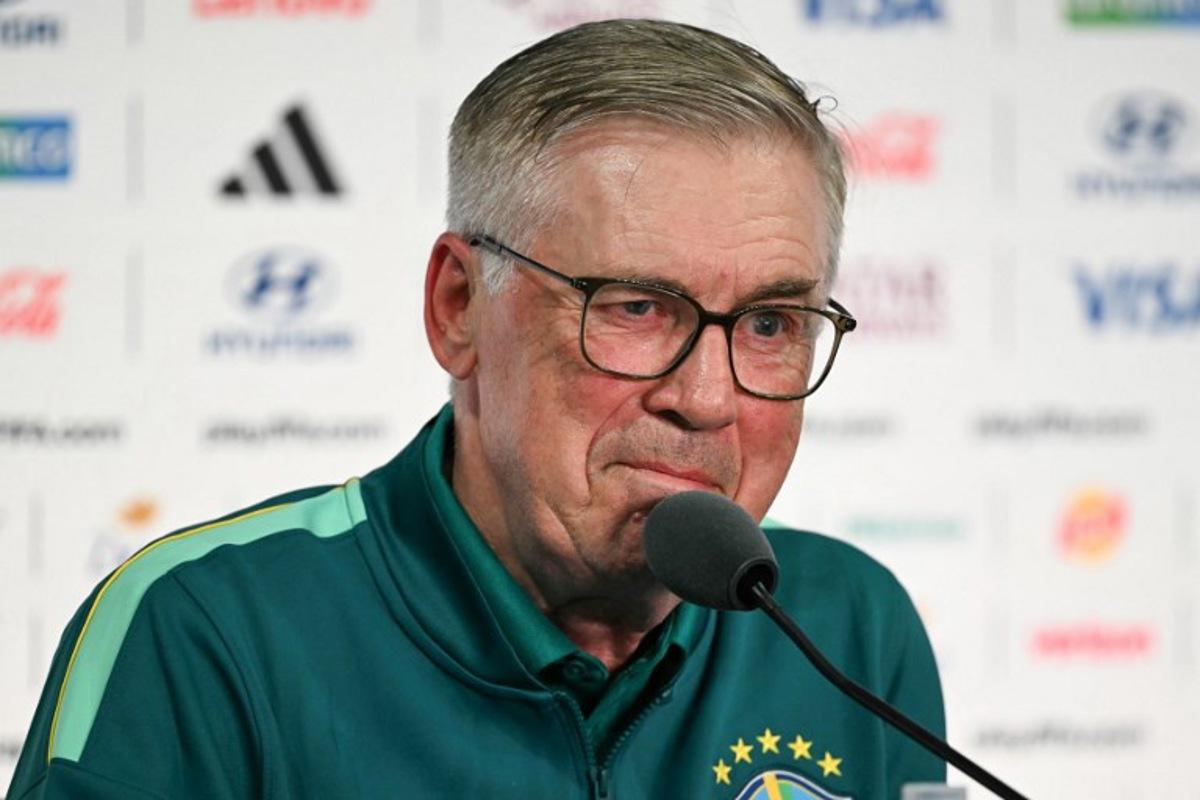 Brazil's Italian head coach Carlo Ancelotti gestures during a press conference at the New York/New Jersey Stadium in East Rutherford on June 12, 2026, on the eve of the 2026 World Cup football match between Brazil and Morocco.  Mauro PIMENTEL / AFP