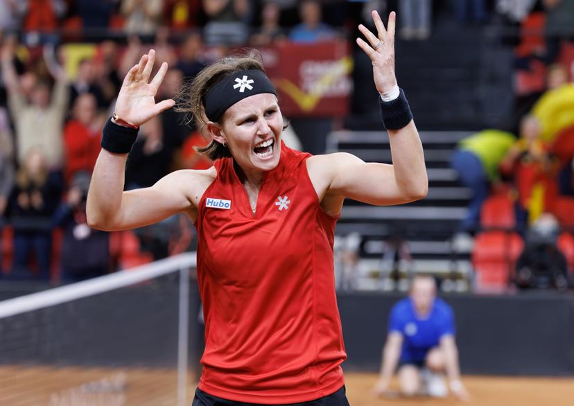 Belgian Greet Minnen celebrates winning her match the fourth game between Belgian Minnen and US' Jovic on the second day of the qualifiers of the Billie Jean King Cup tennis between Belgium and the USA, in Oostende, Belgium, on Saturday 11 April 2026. The meeting takes place on 10 and 11th April. PHOTO BENOIT DOPPAGNE