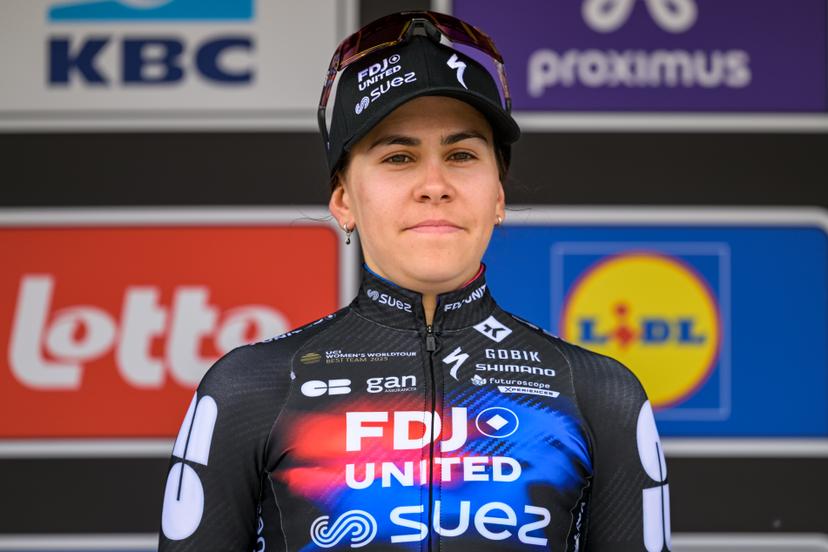 French Celia Gery of FDJ United-SUEZ pictured on the podium after the women's 'Brabantse Pijl' one day cycling race, 125,7km from Lennik to Overijse on Friday 17 April 2026. BELGA PHOTO DAVID PINTENS
