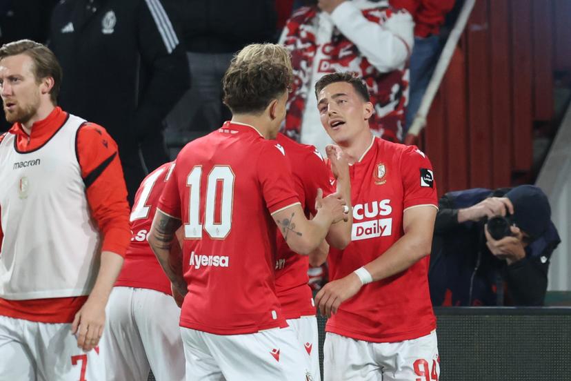 Standard's Casper Nielsen celebrates after scoring during a soccer match between Standard de Liege and Oud-Heverlee Leuven, Friday 08 May 2026 in Liege, on the seventh day of the Europe Play-offs of the 2025-2026 'Jupiler Pro League' first division of the Belgian championship. BELGA PHOTO BRUNO FAHY