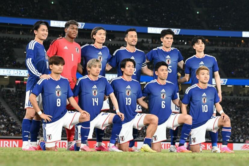 Japan players pose for a group photo prior to the start of the international friendly football match between Japan and Iceland at the National Stadium in Tokyo on May 31, 2026.  Yuichi YAMAZAKI / AFP