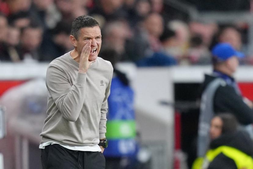 Bayer Leverkusen's Dutch assistant coach Rogier Meijer reacts during the UEFA Champions League league phase - matchday 6, football match between Bayer Leverkusen and Newcastle United FC at the BayArena stadium in Leverkusen, western Germany on December 10, 2025.  Pau Barrena / AFP