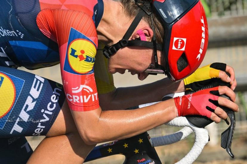 Lidl-Trek's Dutch rider Loes Adegeest rides in a breakaway during the 8th (out of 9) stage of the fifth edition of the Women's Tour de France cycling race, 171.9 km from Sisteron to Nice, in Nice, southeastern France on August 8, 2026.  NICOLAS TUCAT / AFP