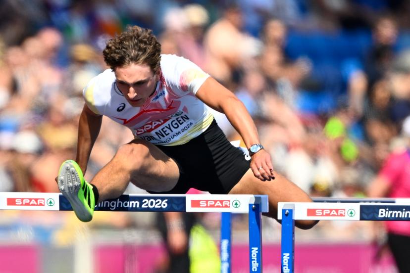 Belgian Zeno Van Neygen reacts at the first round heats of the Men 110m hurdles race, on the second day of the European Athletics Championships (August 10-18) in Birmingham, United Kingdom, on Tuesday 11 August 2026. BELGA PHOTO ERIC LALMAND