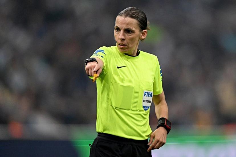 french referee Stephanie Frappart reacts during the French L1 football match between Olympique de Marseille (OM) and Metz FC at the Stade Velodrome in Marseille, southern France on April 10, 2026.  Gabriel BOUYS / AFP