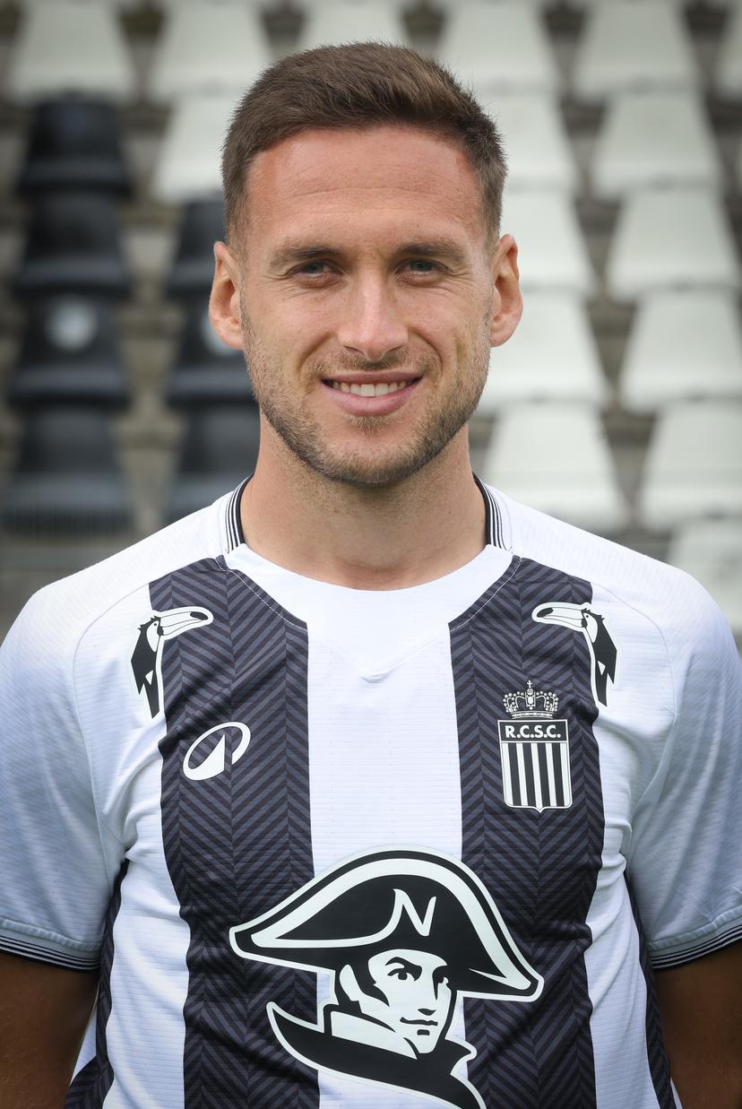 Charleroi's Jules Gaudin poses for a portrait picture at the 2025-2026 season photoshoot of Belgian Jupiler Pro League team Sporting Charleroi, Tuesday 23 September 2025 in Charleroi. BELGA PHOTO VIRGINIE LEFOUR