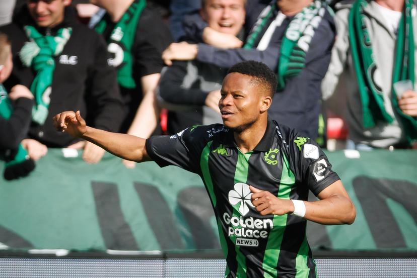 Cercle's Lawrence Agyekum celebrates after scoring during a soccer match between KV Kortrijk and Cercle Brugge, Sunday 30 March 2025 in Kortrijk, on day 1 (out of 6) of the Relegation Play-offs of the 2024-2025 'Jupiler Pro League' first division of the Belgian championship. BELGA PHOTO KURT DESPLENTER