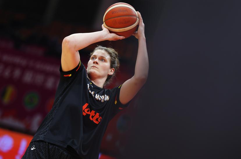 Belgium's Kyara Linskens pictured in action during the warming-up for a basket game between Belgium's national team Belgian Cats and South Sudan, in Wuhan, China, on Sunday 15 March 2026, the fourth game (out of 5) of the qualifications phase for the World Cup Basket tournament. BELGA PHOTO NIKOLA KRSTIC
