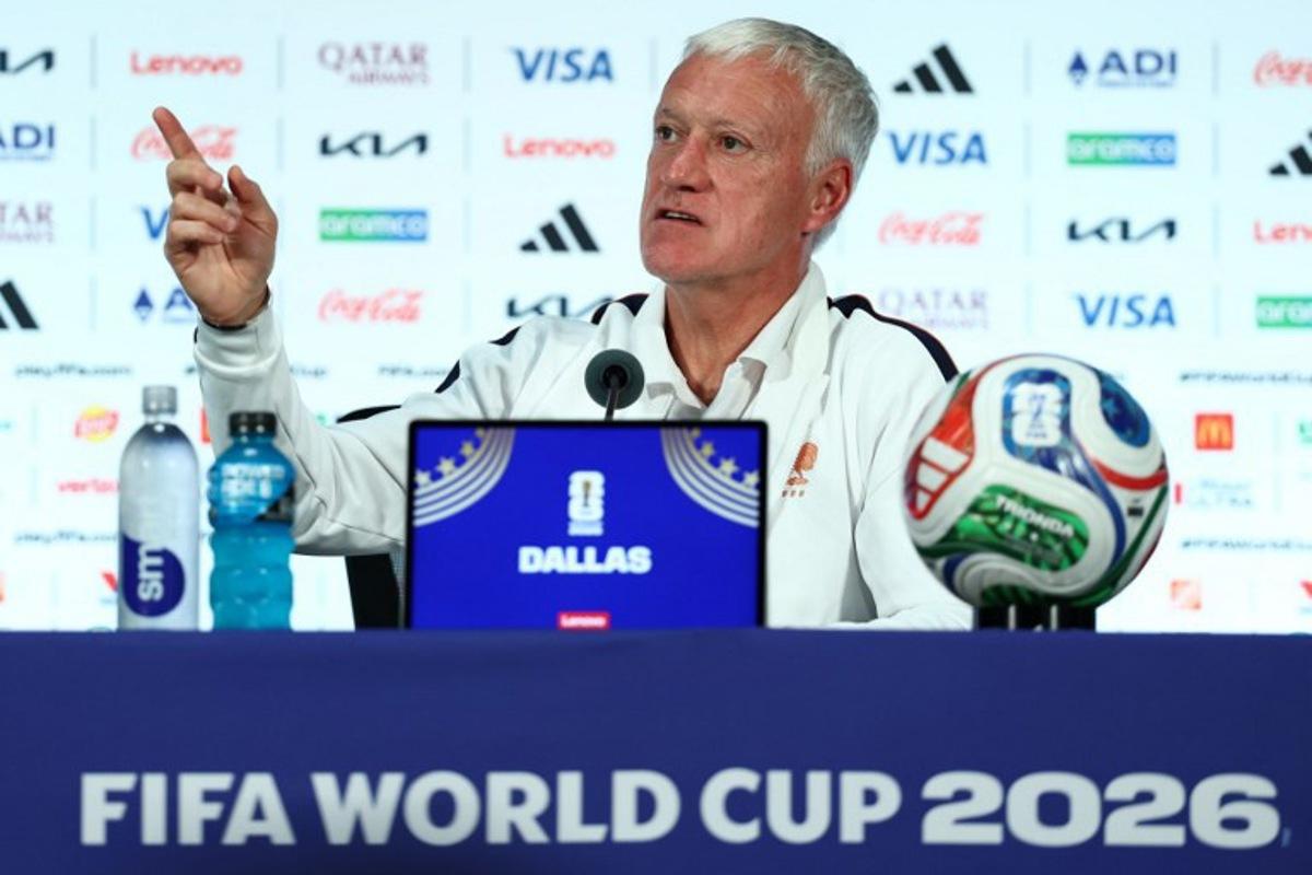 France's head coach Didier Deschamps gives an MD-1 press conference at the Dallas Stadium in Arlington on July 13, 2026, on the eve of the 2026 World Cup football tournament semi-final match between France and Spain.  FRANCK FIFE / AFP