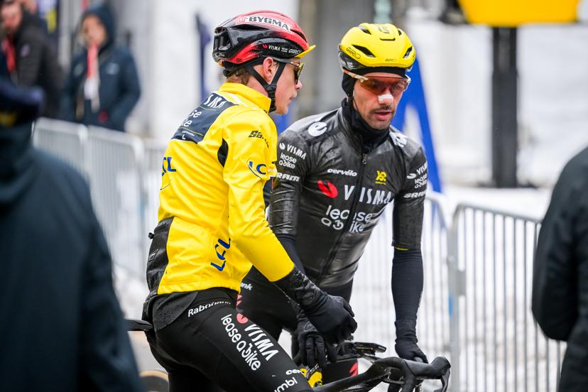 Danish Jonas Vingegaard of Team Visma-Lease a Bike and Belgian Victor Campenaerts of Team Visma-Lease a Bike pictured after the seventh stage of 84th edition of the Paris-Nice cycling race, from Nice to Isola (120,4 km), on Saturday 14 March 2026. BELGA PHOTO DAVID PINTENS