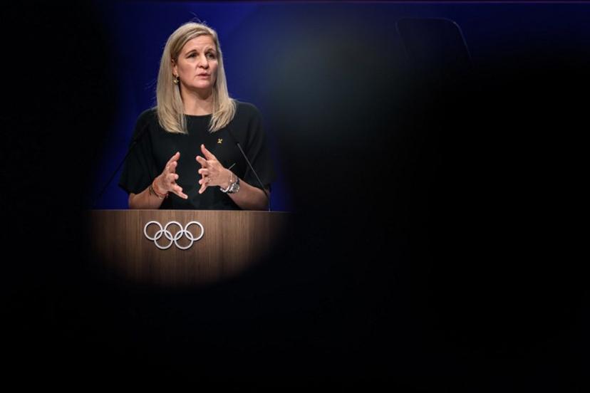 International Olympic Committee President (IOC) Kirsty Coventry delivers her speech at the opening of an IOC session, in Lausanne, on June 24, 2026.  Fabrice COFFRINI / AFP