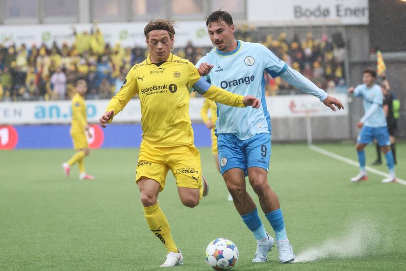 Bodo/Glimt's Patrick Berg and Union's Mateo Biondic fight for the ball during a soccer game between Norwegian FK Bodo/Glimt and Belgian Royale Union Saint-Gilloise in Bodo, Norway, on Tuesday 11 August 2026, the return leg in the third qualifying round for the UEFA Champions League tournament. BELGA PHOTO BRUNO FAHY