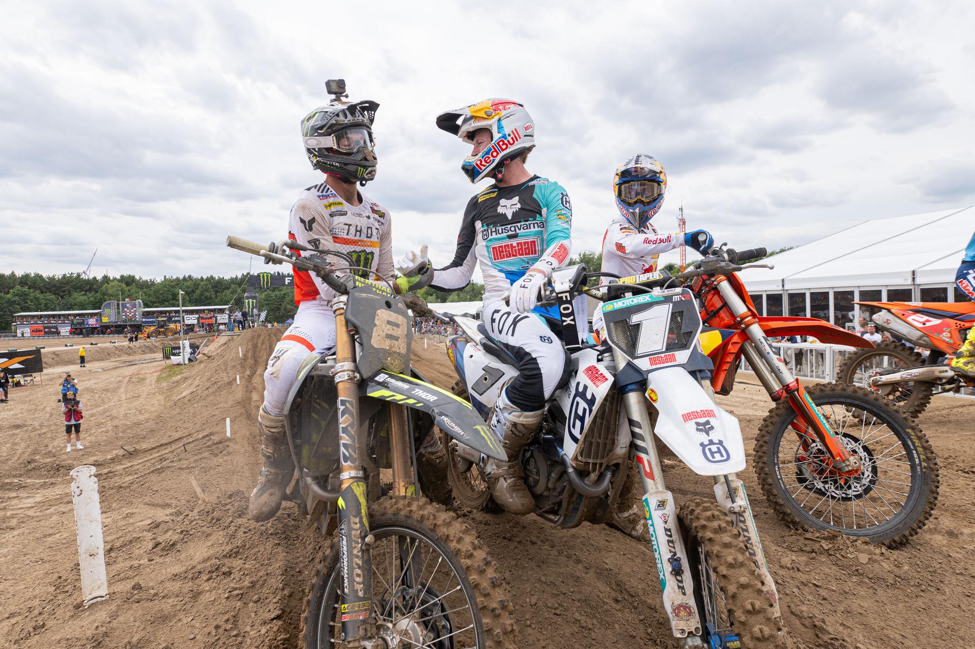South Africa's Camden McLellan  , the Netherlands' Kay de Wolf and Belgium's Sacha Coenen are pictured after the motocross MX2 Grand Prix Flanders, race 15/20 of the FIM Motocross World Championship, Sunday 03 August 2025 in Lommel. BELGA PHOTO JONAS ROOSENS