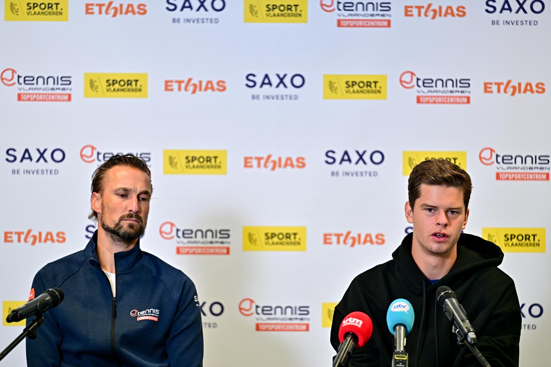 Belgian coach Ruben Bemelmans and Belgian Alexander Blockx pictured at a press moment of Belgian young player Blockx (21) and his coach Bemelmans, on Friday 15 May 2026, in Wilrijk, Antwerp. BELGA PHOTO DIRK WAEM