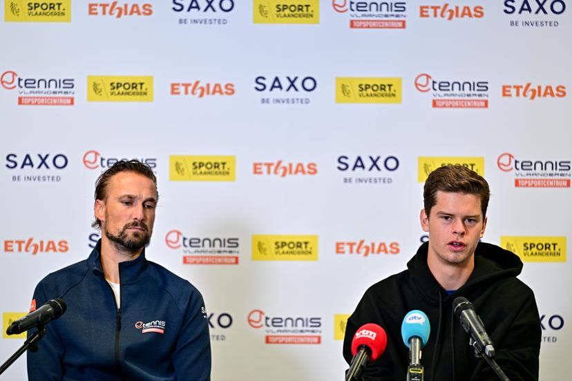Belgian coach Ruben Bemelmans and Belgian Alexander Blockx pictured at a press moment of Belgian young player Blockx (21) and his coach Bemelmans, on Friday 15 May 2026, in Wilrijk, Antwerp. BELGA PHOTO DIRK WAEM