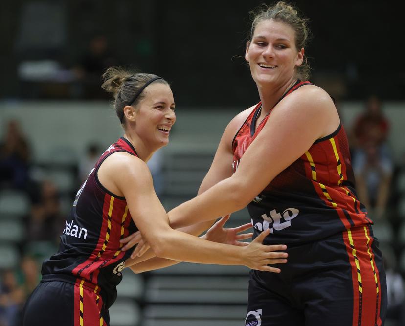 Belgium's Antonia Tonia Delaere and Belgium's Kyara Linskens celebrate during a friendly basketball game between Belgian national team the Belgian Cats and Serbia, Saturday 20 August 2022 in Leuven. BELGA PHOTO VIRGINIE LEFOUR