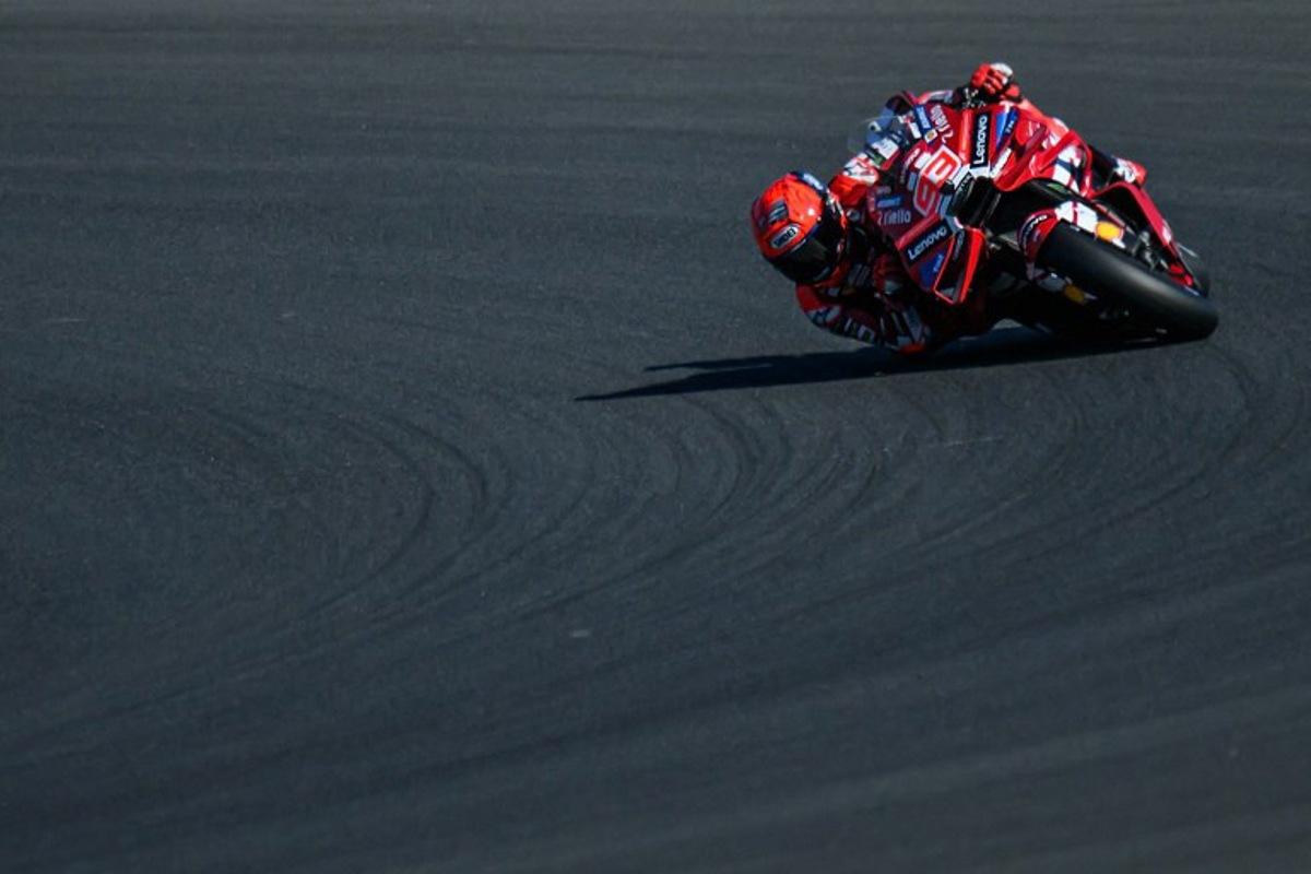 Ducati Lenovo Team's Spanish rider Marc Marquez corners during the qualifying session of the Moto GP Grand Prix of France at Le Mans, northwestern France, on May 9, 2026.  Loic VENANCE / AFP