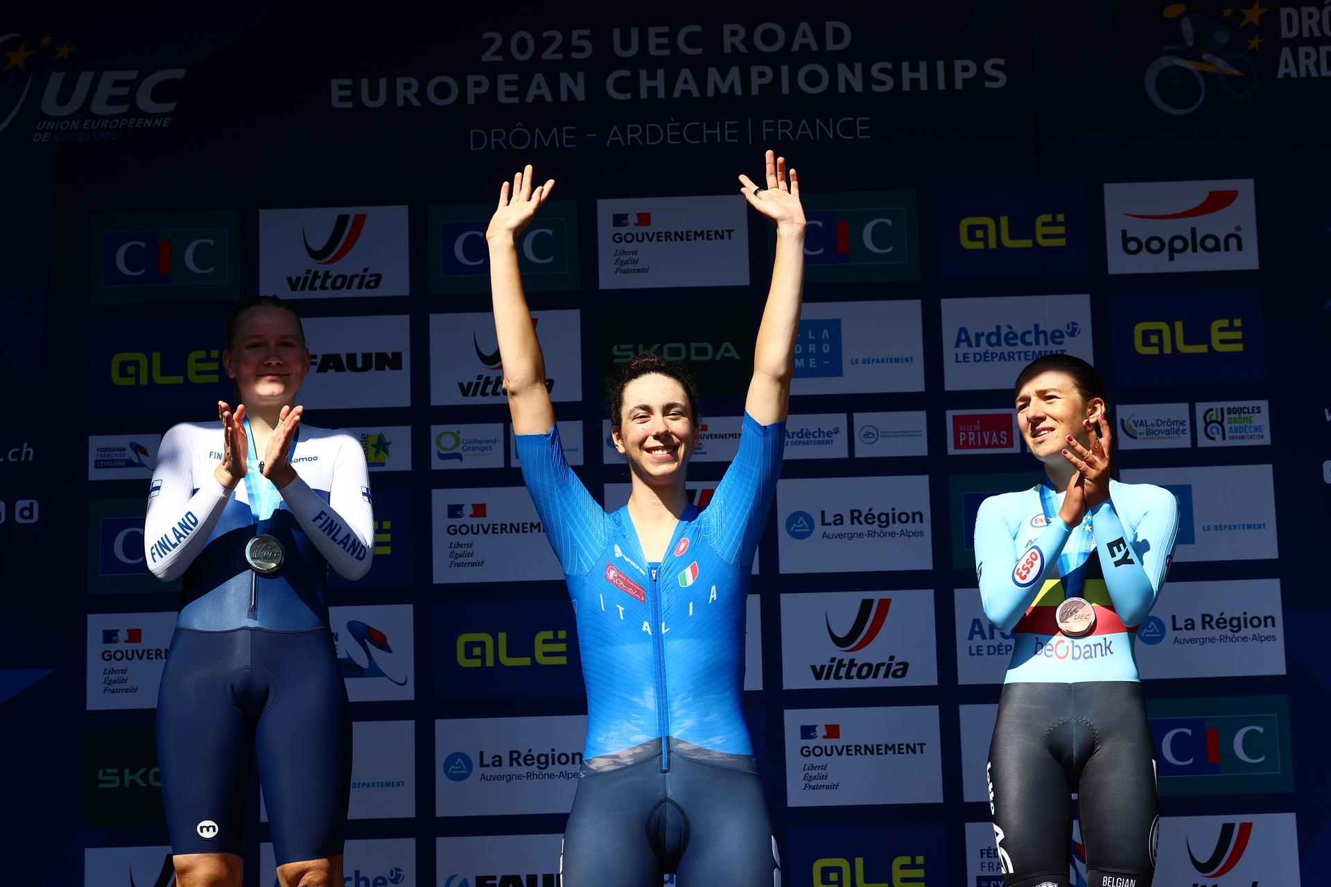 Finnish Anniina Ahtosalo, Italian Federica Venturelli and Belgian Luca Vierstraete celebrate on the podium of the 24 km time trial of the Women U23 category at the UEC road European cycling championships, Wednesday 01 October 2025, in Loriol-sur-Drome, France. The European cycling championships Drome-Ardeche takes place from 1 to 5 October, France. BELGA PHOTO DAVID PINTENS