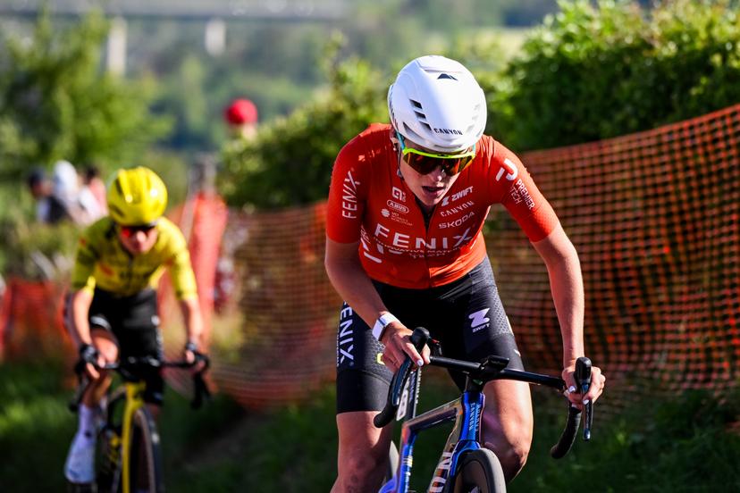 Dutch Yara Kastelijn of Fenix-Premier Tech pictured in action during the women elite race of the Liege-Bastogne-Liege UCI World Tour one day cycling race, 156km from Bastogne to Liege, Sunday 26 April 2026. BELGA PHOTO ELIAS ROM