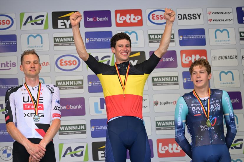 Elite Men Tim Wellens, Elite Men Alec Segaert and Elite Men Vlad Van Mechelen pictured on the podium after the men's elite individual road time trial race (41,5km) at the Belgian Cycling Championships, in Maarkedal, on Friday 26 June 2026. BELGA PHOTO DAVID PINTENS
