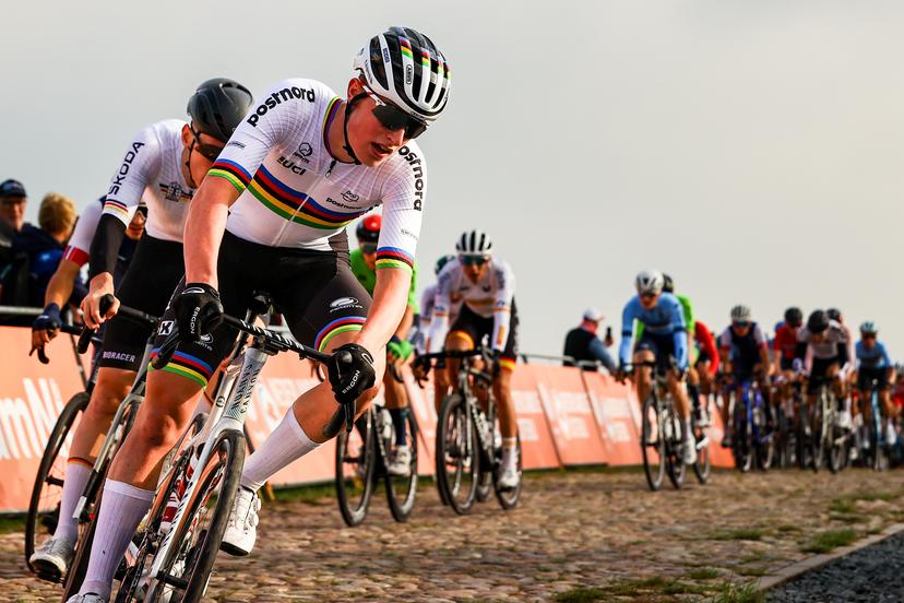 Kasper Haugland pictured in action during the Junior Men's Road Race, 111km around and on the Col du VAM, on day 4 of the UEC Road European Championships in Wijster, The Netherlands, Saturday 23 September 2023. The European cycling championships takes place from 20 to 24 september. BELGA PHOTO DAVID PINTENS