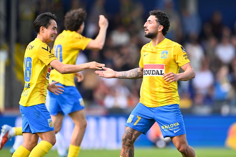 Westerlo's Shunsuke Saito and Westerlo's Allahyar Sayyadmanesh celebrate after scoring during a soccer match between KVC Westerlo and Oud-Heverlee Leuven, Saturday 02 May 2026 in Westerlo, on day 6 of the Europe Play-offs (PO2) of the 2025-2026 'Jupiler Pro League' first division of the Belgian championship. BELGA PHOTO JOHAN EYCKENS