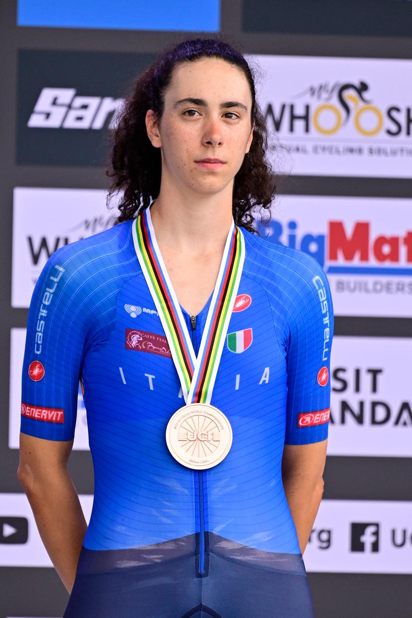 Bronze medal winner Italian Federica Venturelli pictured on the podium after the Women U23 Individual Time Trial race (22,6km) at the cycling road world championships, in Kigali, Rwanda, Monday 22 September 2025. The 2025 UCI Road World Championships take place from 21 to 28 September in Kigali, Rwanda. BELGA PHOTO DIRK WAEM
