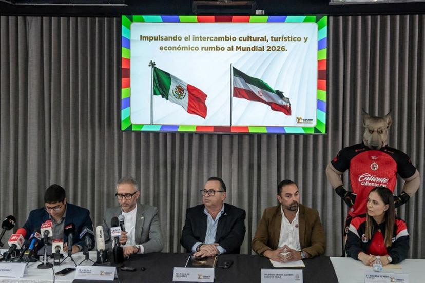 Iran's ambassador to Mexico Abolfazl Pasandideh (2nd L) attends a press conference ahead of the arrival of the national football team for the FIFA 2026 World Cup football tournament, in Tijuana, Baja California, Mexico on June 6, 2026,  Iran lashed out at the United States for refusing visas to some of its squad support staff as the players were to leave Turkey for Mexico, just days before the June 11 start of the 2026 World Cup, which is being jointly hosted by the United States, Mexico and Canada.  Chris Noyola / AFP