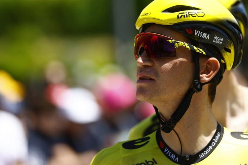Team Visma Lease a Bike US rider Sepp Kuss looks on during the presentation prior the 4th stage of the Giro d'Italia 2026 - Tour of Italy cycling race between Catanzaro and Cosenza, Italy, on May 12, 2026.  Luca Bettini / AFP