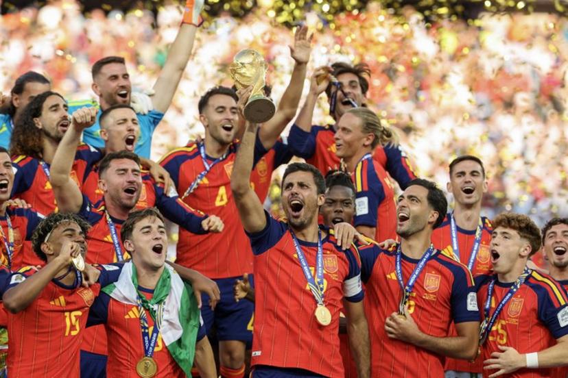 Spain's midfielder #16 Rodri lifts the trophy with his teammates after winning the 2026 World Cup football tournament final match between Spain and Argentina at the New York/New Jersey Stadium in East Rutherford on July 19, 2026.   Odd ANDERSEN / AFP