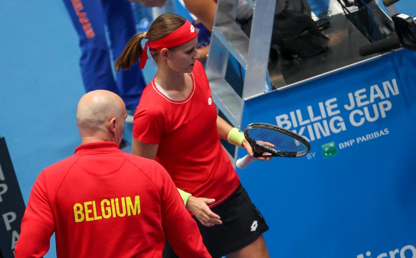 Belgian captain Johan Van Herck and Belgian Greet Minnen pictured during the first match between Belgium and Belarus, in group B, on the first day of the group stage of the Billie Jean King Cup Finals, Monday 01 November 2021 in Prague, the Czech Republic. The Billie Jean King Cup replaces the Fed Cup competition and is organised by the ITF International Tennis Federation. BELGA PHOTO VIRGINIE LEFOUR