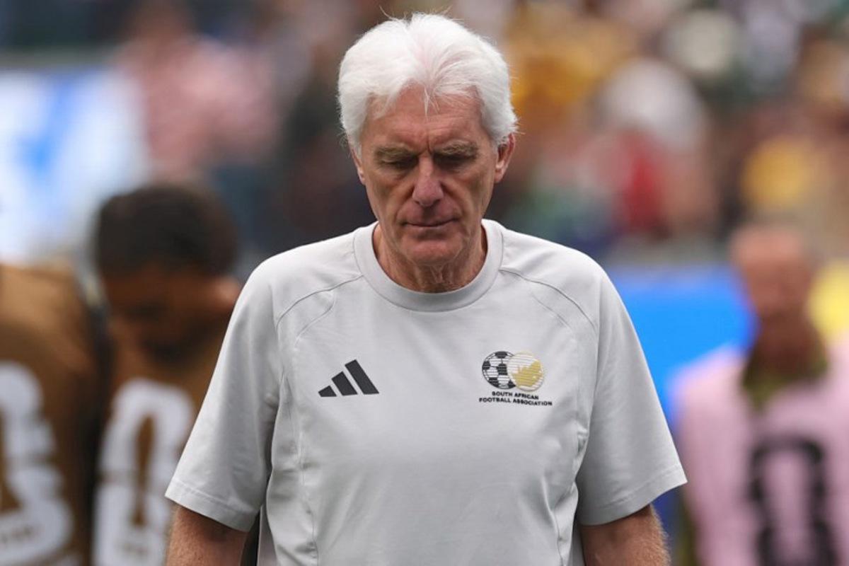South Africa's Belgian head coach Hugo Broos gestures at the halftime of the 2026 World Cup round of 32 football match between South Africa and Canada at the Los Angeles Stadium in Inglewood on June 28, 2026.   ETIENNE LAURENT / AFP