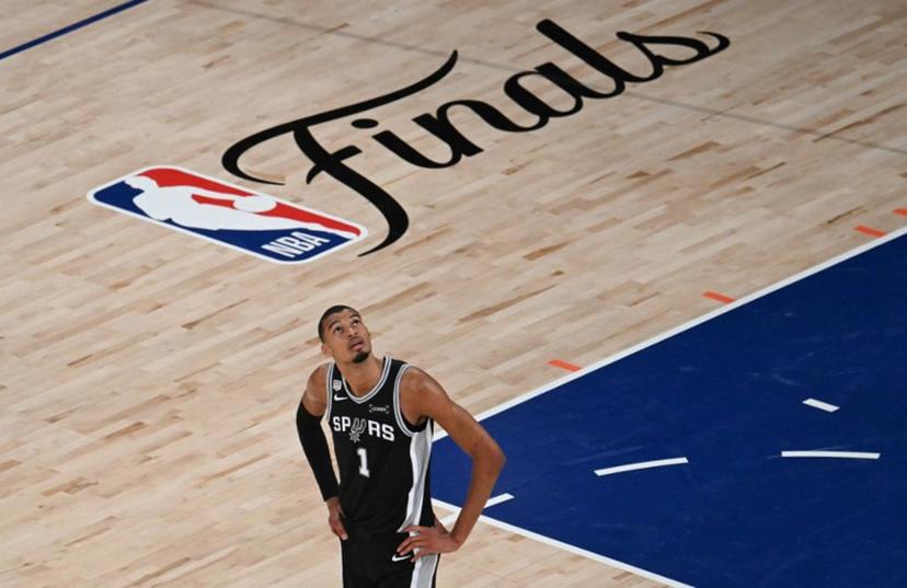 San Antonio Spurs' French forward-center #01 Victor Wembanyama looks up during Game Three of the NBA Finals between the San Antonio Spurs and the New York Knicks at Madison Square Garden in New York on June 8, 2026.  SAUL LOEB / AFP