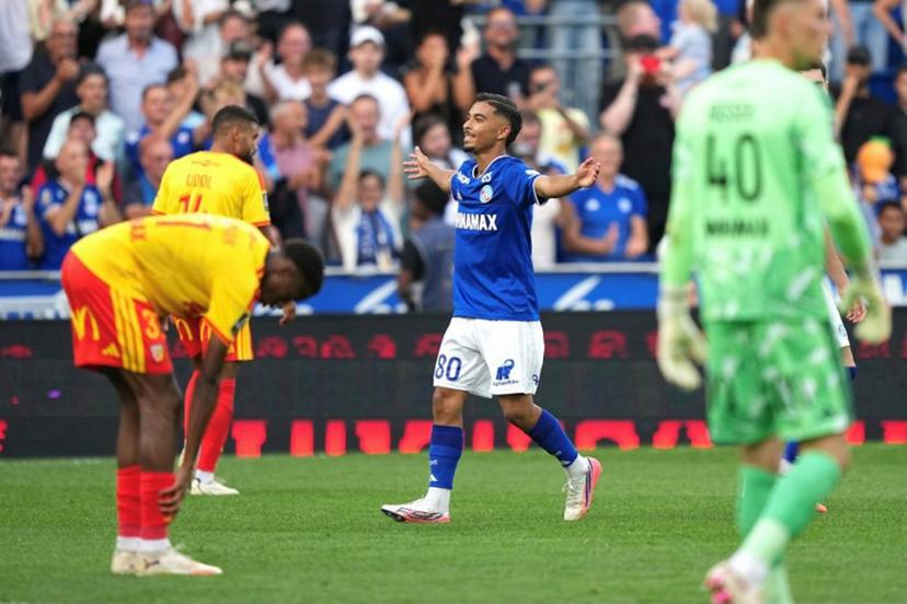 Strasbourg's Moroccan forward #80 Gessime Yassine celebrates his team's first goal during the French L1 football match between RC Strasbourg Alsace and RC Lens at the Stade de la Meinau in Strasbourg, eastern France, on August 29, 2026.   SEBASTIEN BOZON / AFP