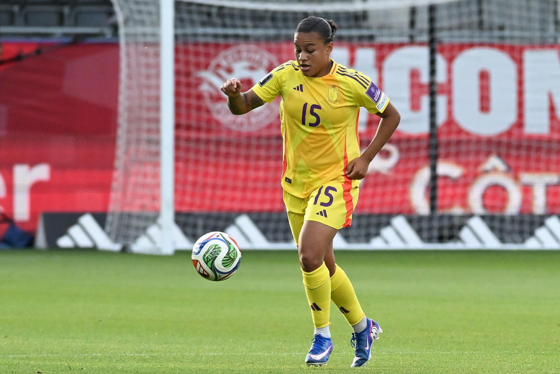Belgium's Mariam Toloba pictured in action during a soccer game between Belgium's national women's team the Red Flames and Luxembourg, on Friday 05 June 2026 in Leuven, in the fifth of six games of the qualifiers for the 2027 FIFA Women's World Cup. BELGA PHOTO JILL DELSAUX