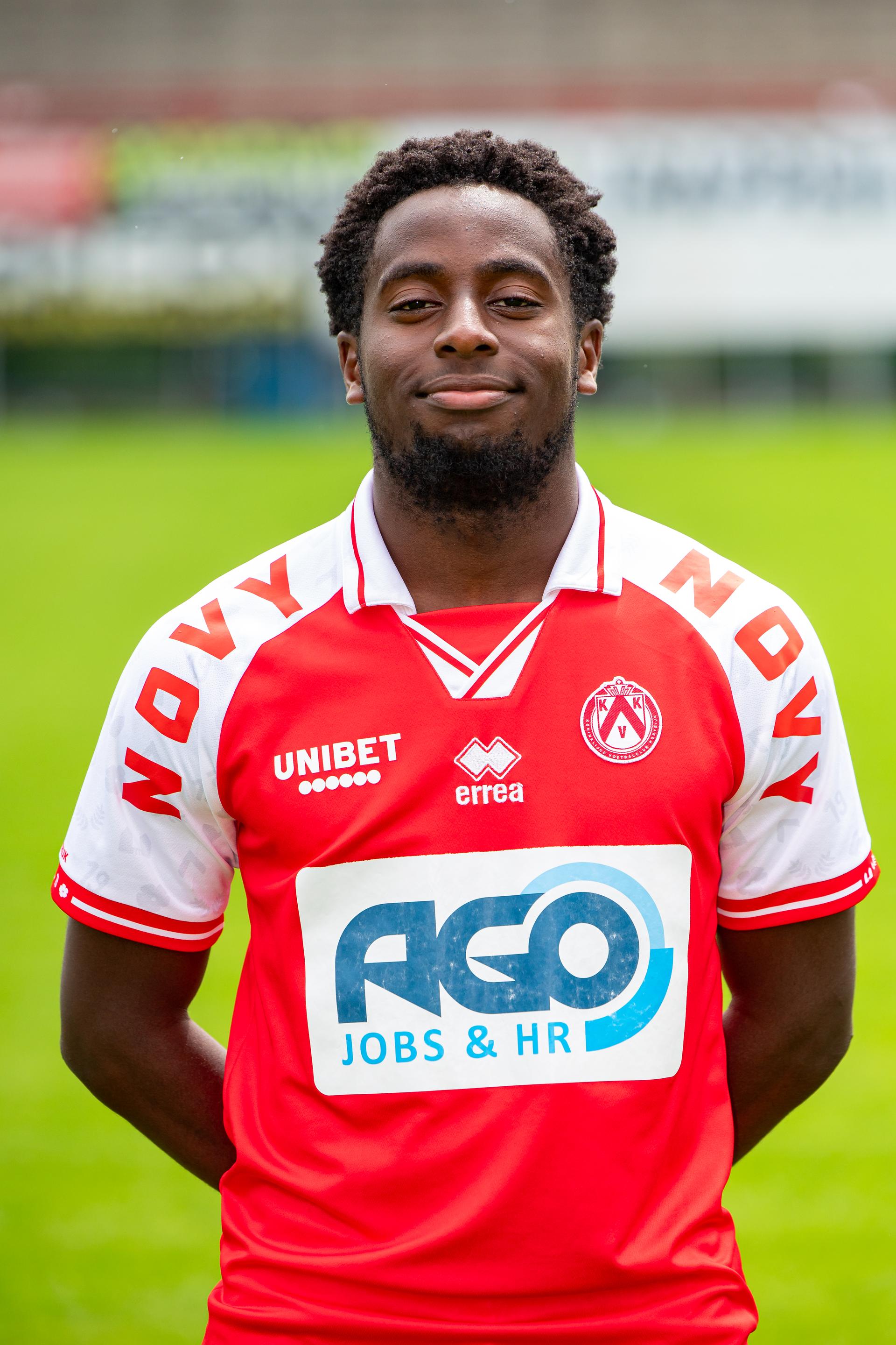 Kortrijk's Dylan Mbayo poses for a portrait at the 2024-2025 season photoshoot of Belgian Jupiler Pro League team KV Kortrijk, Tuesday 16 July 2024 in Kortrijk. BELGA PHOTO KURT DESPLENTER