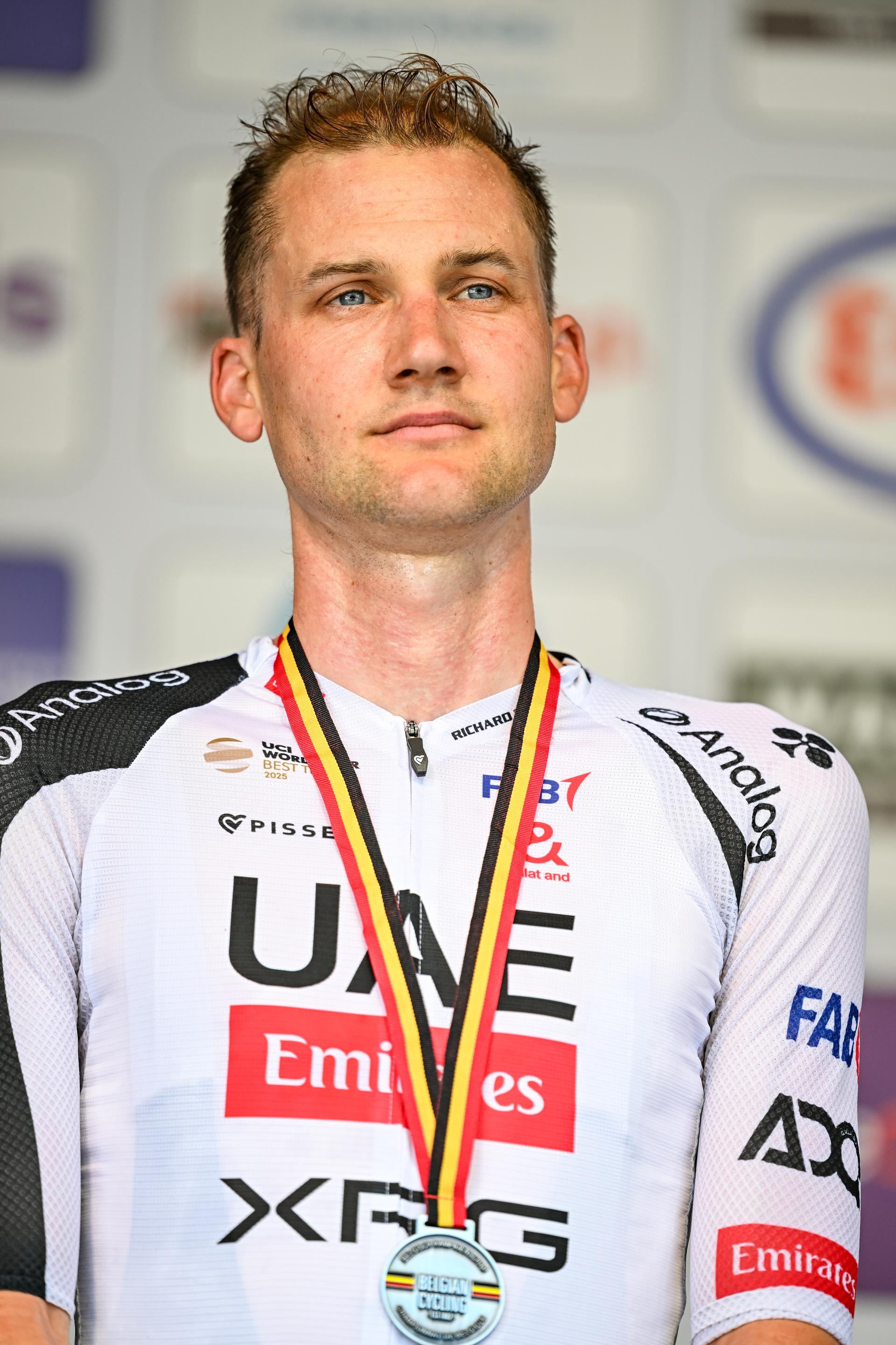 Belgian Tim Wellens of UAE Team Emirates-XRG pictured on the podium after the men's elite individual road time trial race (41,5km) at the Belgian Cycling Championships, in Maarkedal, on Friday 26 June 2026. BELGA PHOTO DAVID PINTENS